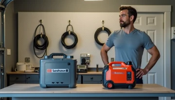 A homeowner considering a home battery system and a portable generator in a garage