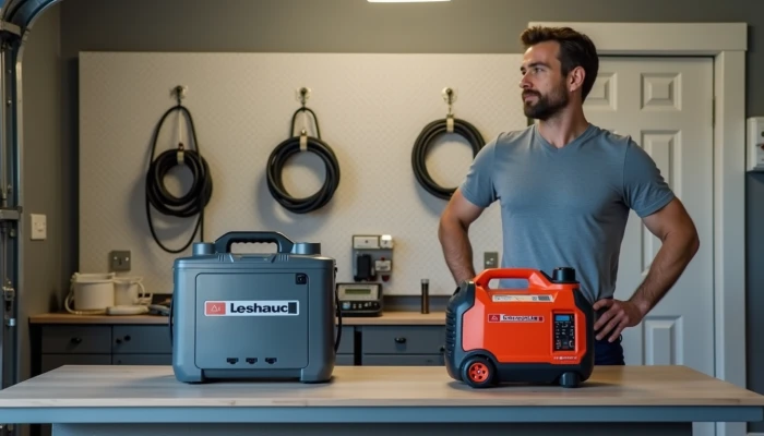 A homeowner considering a home battery system and a portable generator in a garage