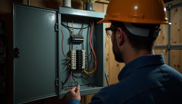 Electrician inspecting an older electrical panel in a garage