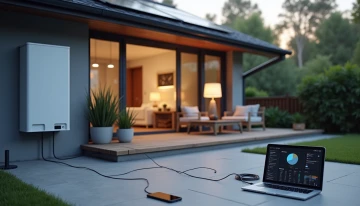 A comparison scene showing a home battery system integrated into a house and a portable power station on a patio, with contextual objects like a refrigerator, lamp, and EV charging cable.
