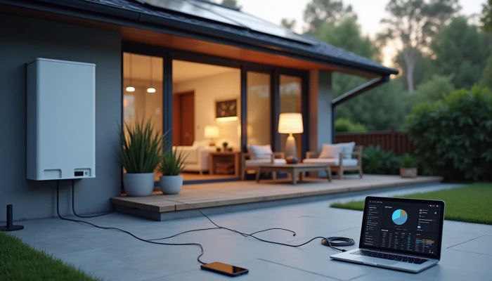 A comparison scene showing a home battery system integrated into a house and a portable power station on a patio, with contextual objects like a refrigerator, lamp, and EV charging cable.