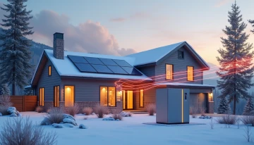A contemporary home equipped with solar panels and a battery storage system, set against a snowy backdrop with subtle energy flow indicators and distant wildfire smoke in the background.
