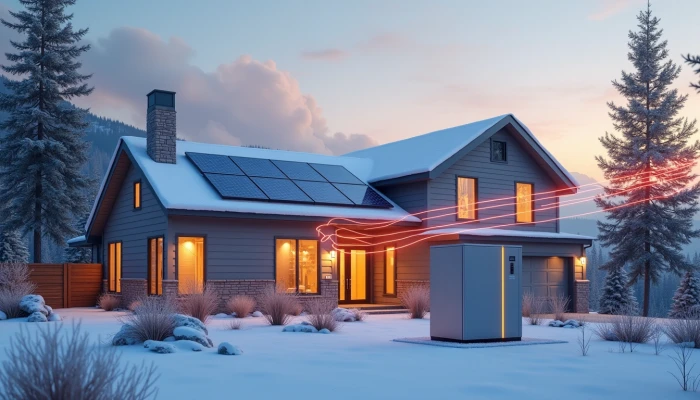 A contemporary home equipped with solar panels and a battery storage system, set against a snowy backdrop with subtle energy flow indicators and distant wildfire smoke in the background.