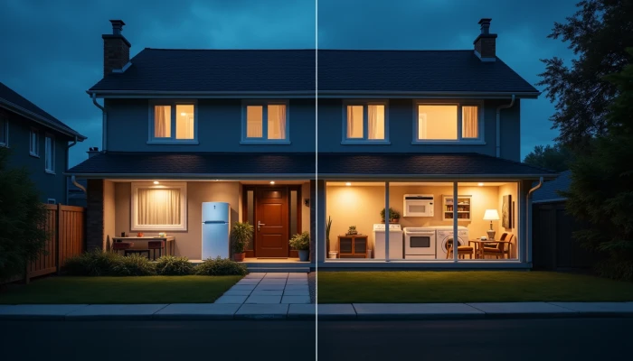 Two homes during a power outage: one with essential appliances powered by a small battery backup, and another with additional appliances powered by a larger whole-home battery system.