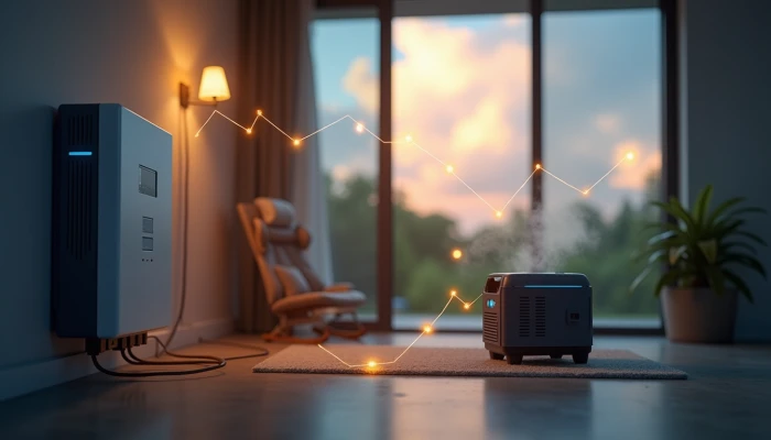 Comparative visualization of home battery backup and portable generator systems during a power outage, with abstract electrical elements illustrating energy resilience concepts.