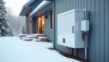 Home battery system mounted on a house in a snowy setting