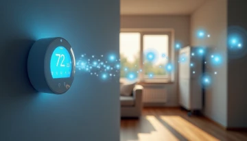 Smart thermostat connected to solar panels and battery storage in a home, with abstract energy flow lines and a minimalist dashboard