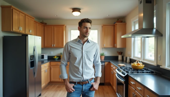 Homeowner in a kitchen, considering essential appliances for backup power