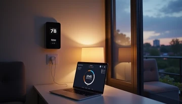 A modern home office with smart devices and a home battery system