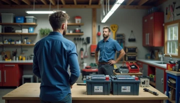 Homeowner comparing LFP and NMC battery packs in a garage