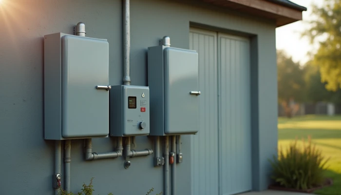 Well pump house exterior with mounted home battery backup system
