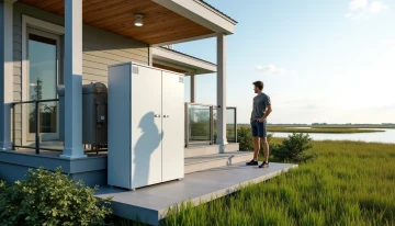A home battery backup system on a covered platform near a coastal home