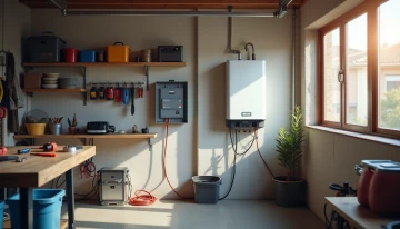 A garage with a smart home hub and a wall-mounted home battery system connected to an electrical panel