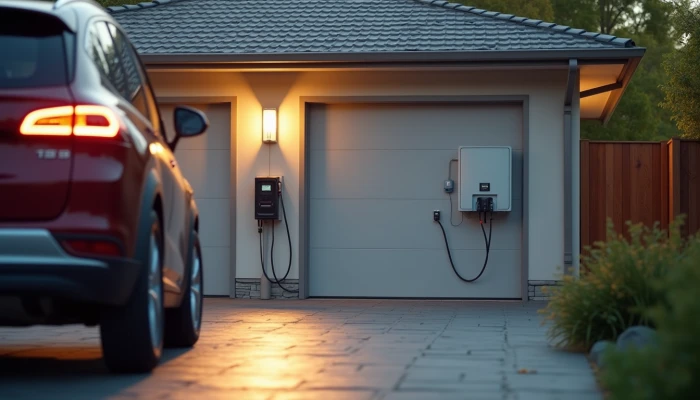 Garage with electric vehicle charging station and home battery system