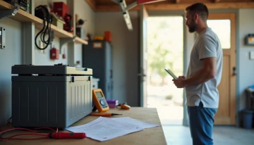 A homeowner in a garage, examining a battery pack and circuit panel for outage preparation