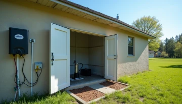 Well house with open door showing a 240V well pump and adjacent battery backup system