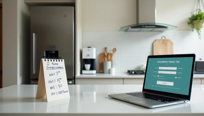 A homeowner's kitchen with appliances and a laptop for calculating daily energy use