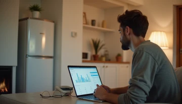 Homeowner reviewing energy data on a laptop, with a home battery system and essential appliances in a living room.