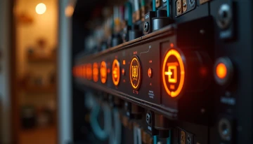 Modern home electrical panel with glowing circuit lines and abstract symbols indicating critical loads, accompanied by a scale and measuring tools