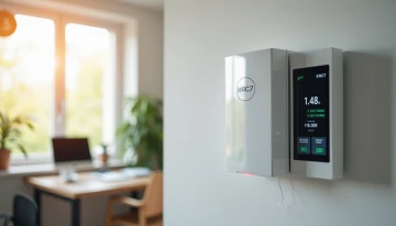 A smart energy monitor and wall-mounted home battery system in a modern home office