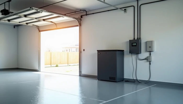 A garage with a solar battery system powering a security panel