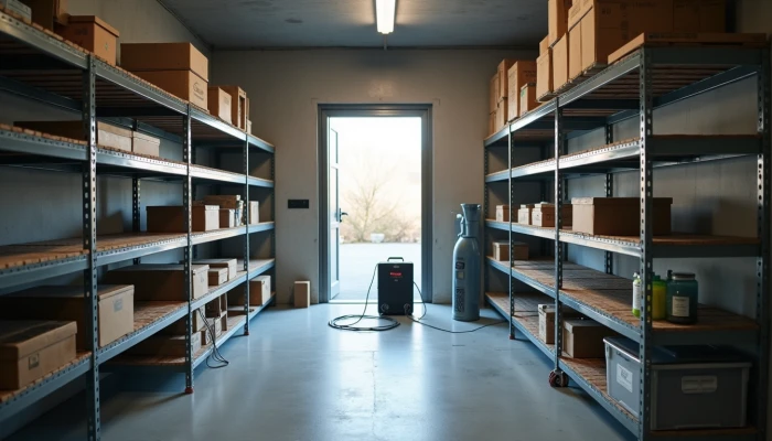 A portable power station resting on a shelf in a dehumidified storage room