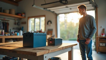 Homeowner comparing LFP and lithium-ion battery packs on a garage workbench