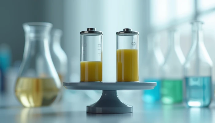 Two abstract battery cells on a balance scale, surrounded by laboratory equipment, neutral background