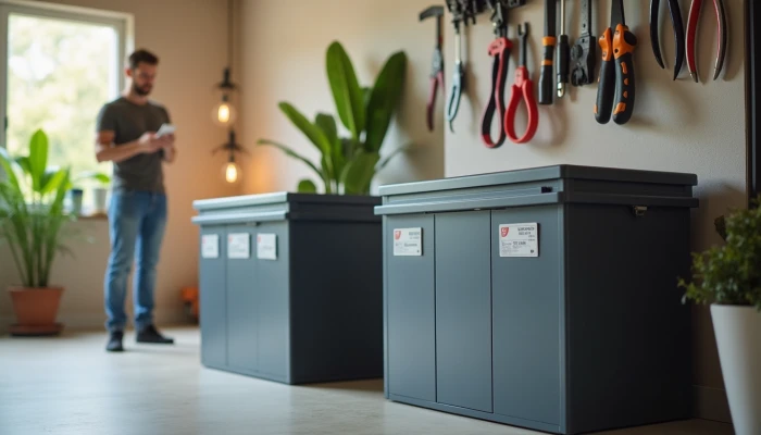A homeowner comparing LFP and lithium-ion batteries in a garage