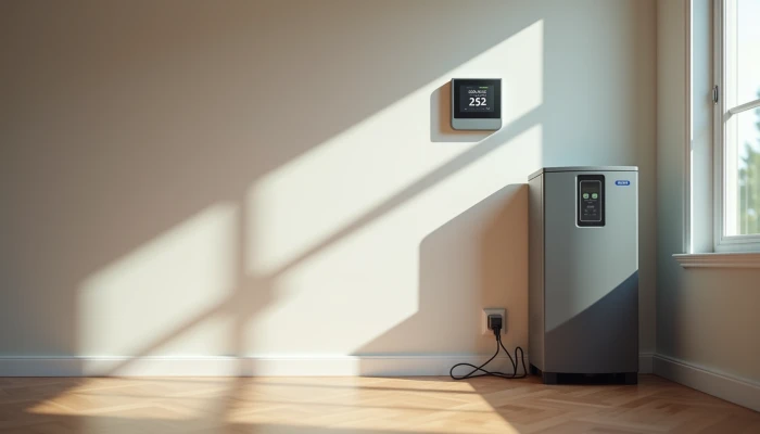 Smart thermostat and home battery system in a modern living room during an outage