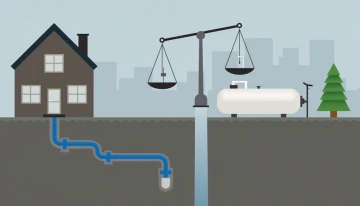 A modern home with abstract gas pipe and propane tank symbols, alongside a balance scale, illustrating the comparison of natural gas and propane as backup power options.