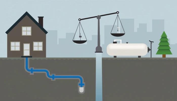 A modern home with abstract gas pipe and propane tank symbols, alongside a balance scale, illustrating the comparison of natural gas and propane as backup power options.