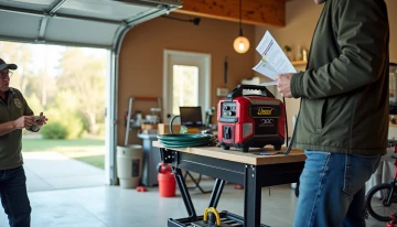 Homeowner checking safety guidelines next to a portable power station in a garage