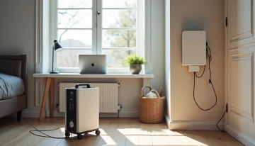 Modern apartment showing portable power station and wall-mounted home battery system with electrical components and safety-focused design elements