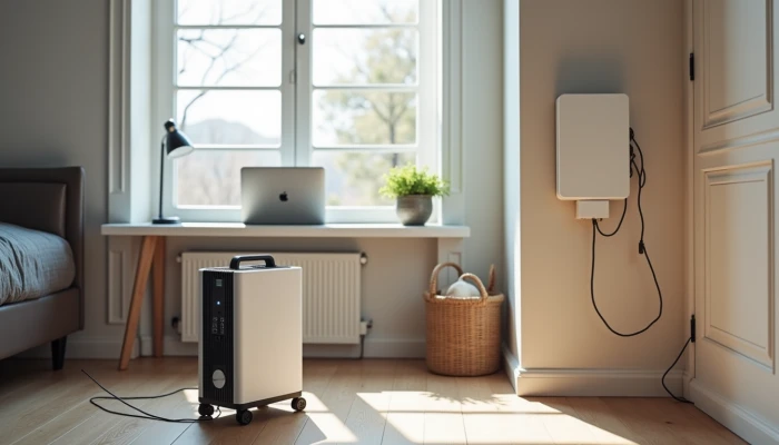 Modern apartment showing portable power station and wall-mounted home battery system with electrical components and safety-focused design elements