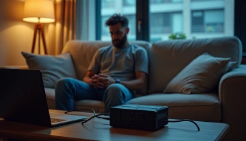 Apartment living room with a person using a portable power station during a power outage