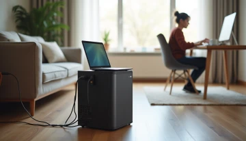 Apartment living room with portable power station in use