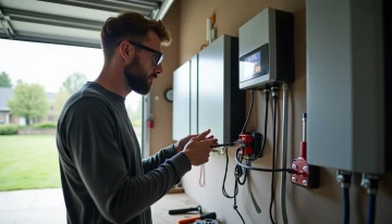Homeowner inspecting installed home battery system in garage
