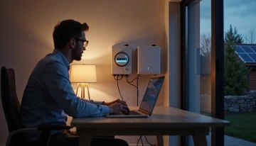 Homeowner in office with smart meter and home battery system