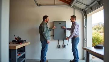 Homeowners and an electrician inspecting a wall-mounted home battery system in a garage