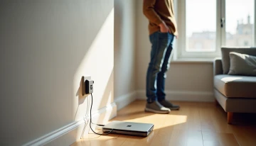 Renter inspecting a portable power station in an apartment living room