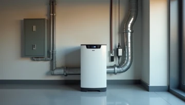 A home garage with a floor-standing home battery system