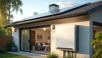 Solar panels on a house connected to a wall-mounted battery storage system