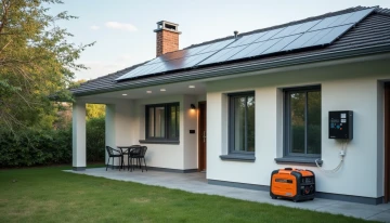 Home with solar panels, battery backup, and generator during a power outage