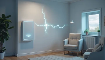 Modern home interior with abstract energy flow lines and a subtly disrupted line near a wall-mounted battery system, set against a neutral, well-lit background with a cloudy window view.