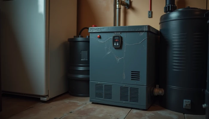 Modern home during a power outage with a worn battery backup system and essential appliances, showing dim lighting and potential performance issues.