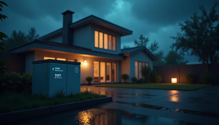 Modern home during a storm with flickering lights and abstract warning indicators, showing a battery system with subtle cracks and a portable power station.