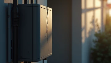Home battery backup system showing signs of overheating, casing wear, and loose connections against a dimly lit background.
