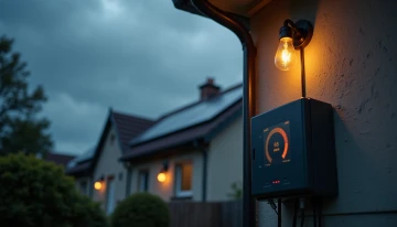 Suburban home during a power outage with solar panels and a damaged home battery backup system, dim interior lighting, and abstract energy monitor indicators suggesting a problem.