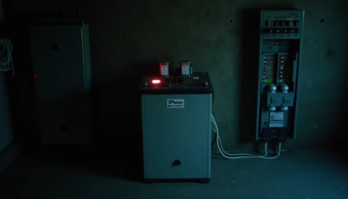 A home battery backup system with visible signs of aging, surrounded by electrical safety components in a softly lit environment.